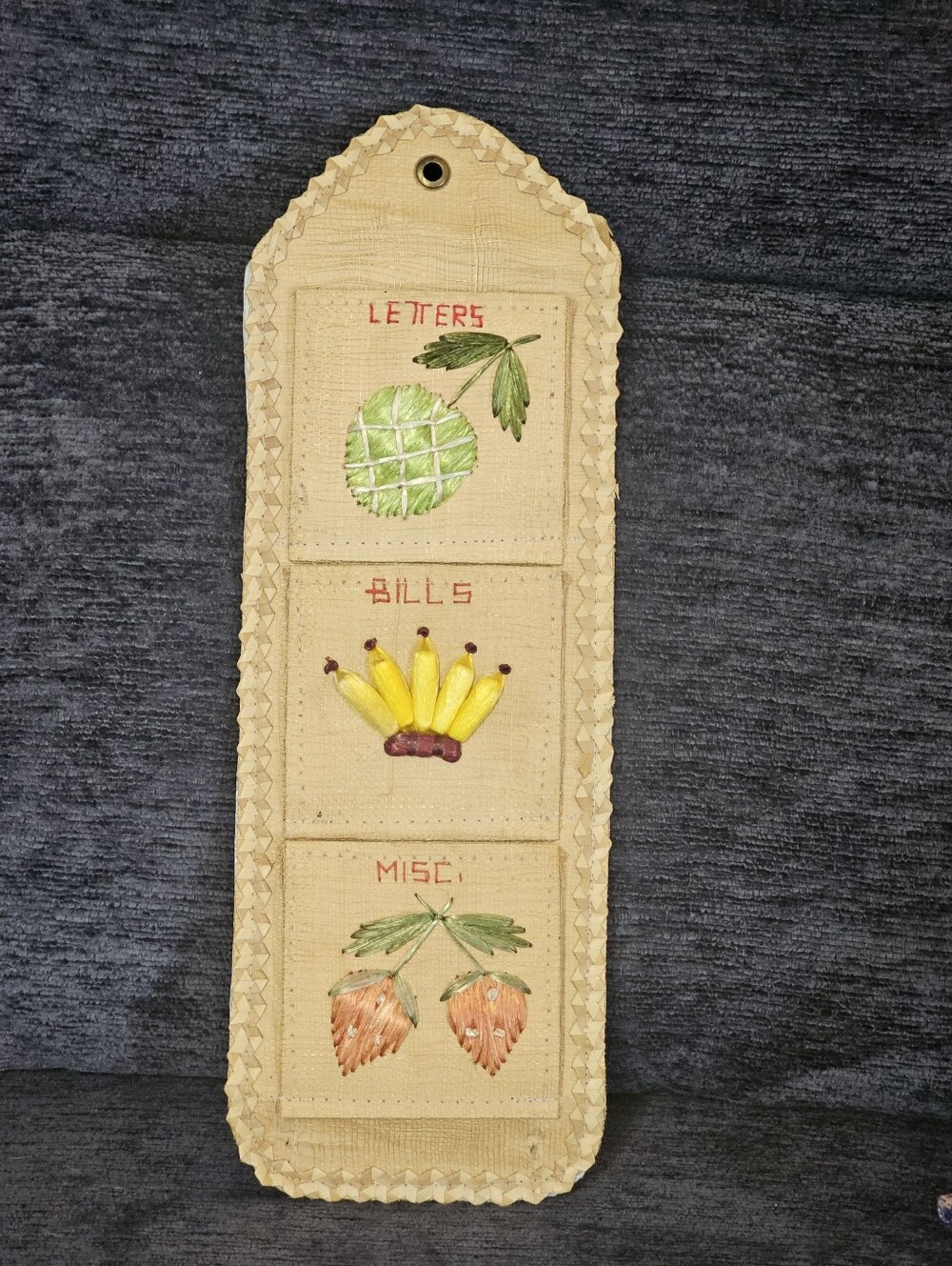 Vintage Straw Wall Organizer with Fruit Embroidery
